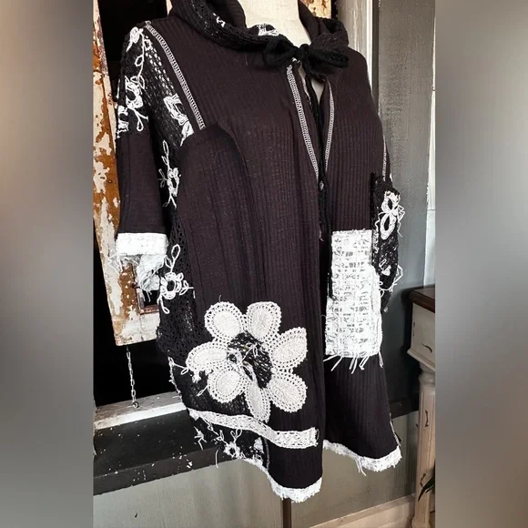 POL Mixed Lace Patchwork Hoodie Top Black Boho Oversized Size Small - Picture 6 of 12